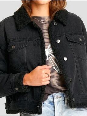 Wild Fable Black Denim Jacket with Sherpa Lining